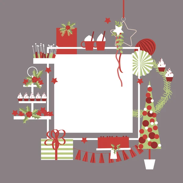 Vector Frame Christmas Tree Cake Gifts Sweets — Stock Vector