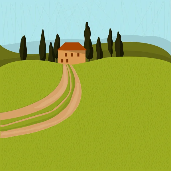 Тосканский Дом Деревьях Пейзаж Дорогой Векторная Иллюстрация — стоковый вектор