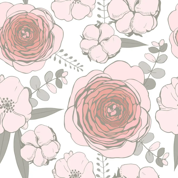 Διάνυσμα Χωρίς Ραφή Μοτίβο Ροζ Λουλούδια Φύλλα Ευκαλύπτου Και Μπάλες — Διανυσματικό Αρχείο