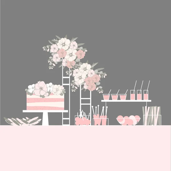 Wedding Candy Bar Cake Flowers Dessert Table Vector Illustration — Stock Vector