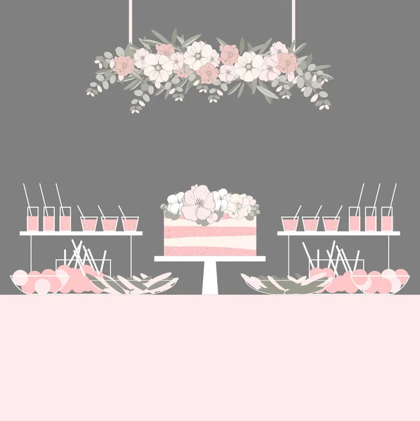 Barra Caramelo Boda Con Pastel Flores Mesa Postres Ilustración Vectorial — Archivo Imágenes Vectoriales