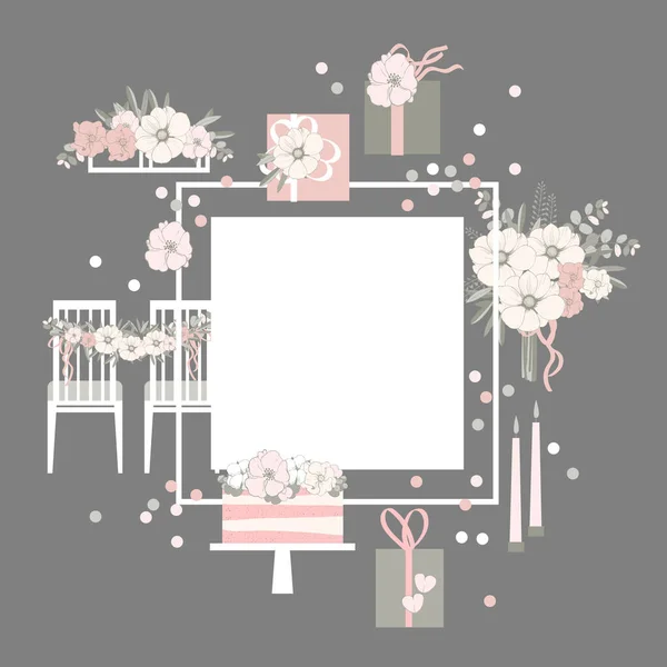 Vector Frame Met Bloemen Cake Decoratie Voor Stoelen Bruidsboeket — Stockvector