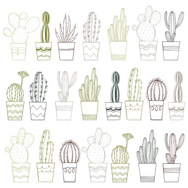 Tencereye elle çizilmiş kaktüsler. Vektör arkaplanı.