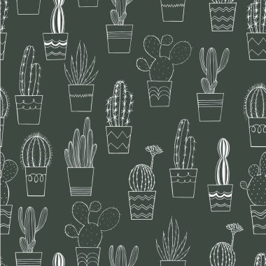 Tencereye elle çizilmiş kaktüsler. Vektörsüz desen