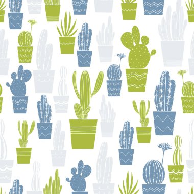 Tencereye elle çizilmiş kaktüsler. Vektörsüz desen