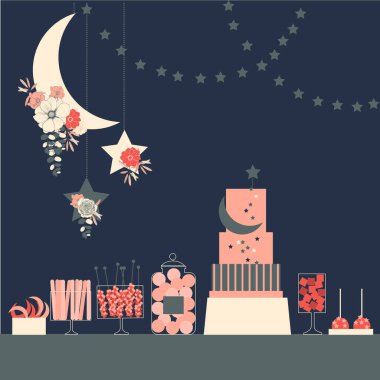 Pastalı ve çiçekli düğün çikolatası. Tatlı masası. Vektör illüstrasyonu.