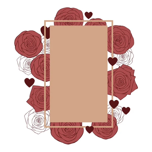 矢量框架与心脏和玫瑰 情人节的花朵 矢量图解 — 图库矢量图片