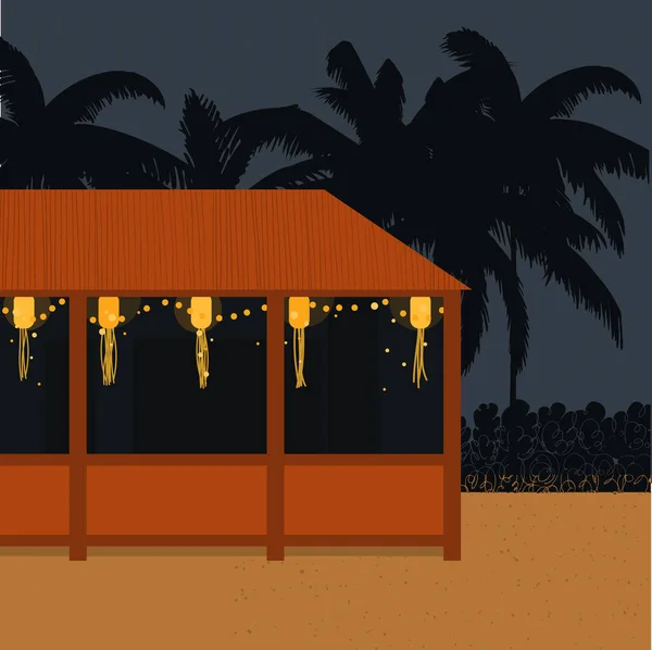 Ночное Кафе Пляже Пальмами Векторная Иллюстрация — стоковый вектор