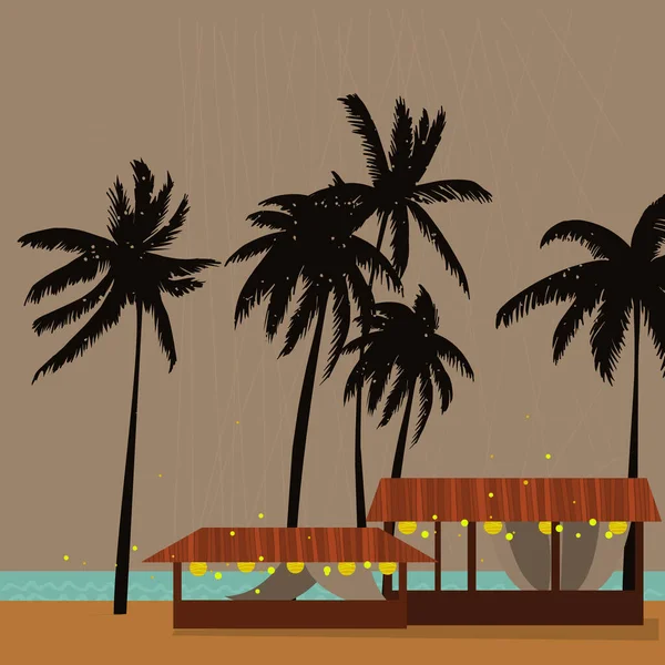 Ночное Кафе Пляже Пальмами Векторная Иллюстрация — стоковый вектор
