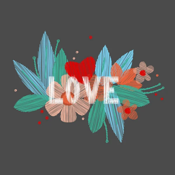 Palabra Bordado Love Floral Background Ilustración Vectorial — Archivo Imágenes Vectoriales