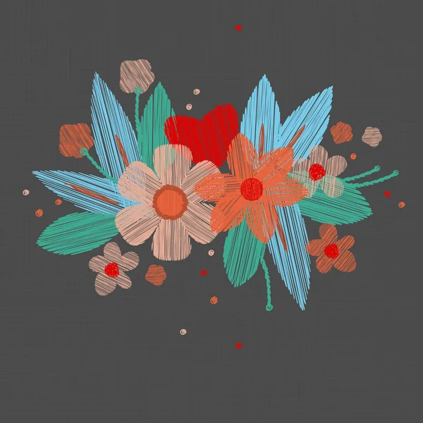 灰色の背景に花刺繍 ベクターイラスト — ストックベクタ