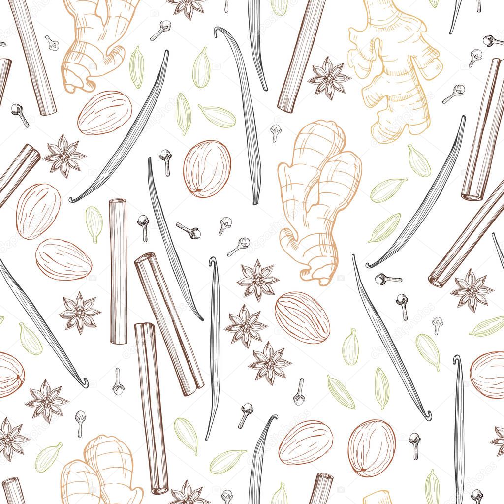Spices for dessert, and baking. Vector seamless pattern. Hand drawn sketch illustration