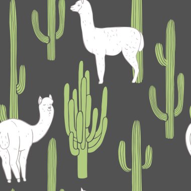 Alpakalar ve kaktüsler. Vektörsüz desen