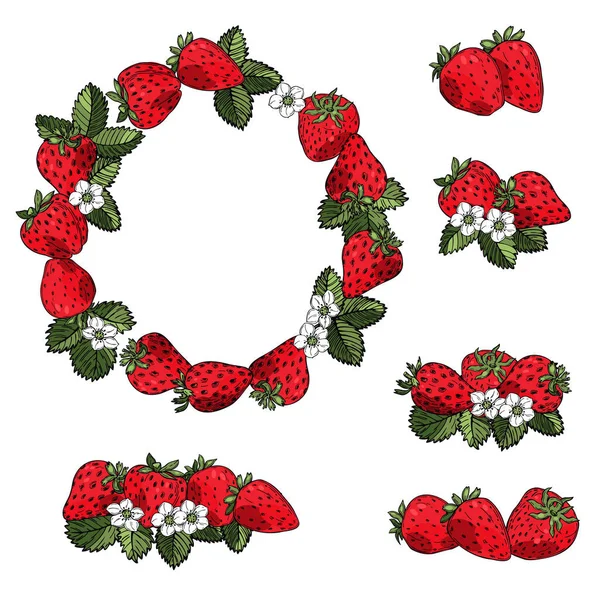 Handgezeichnete Erdbeere Auf Weißem Hintergrund Früchte Blüten Blätter Vektorskizze Als — Stockvektor