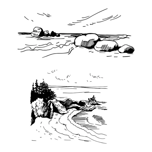 Côte Mer Dessinée Main Illustration Croquis Vectoriels — Image vectorielle