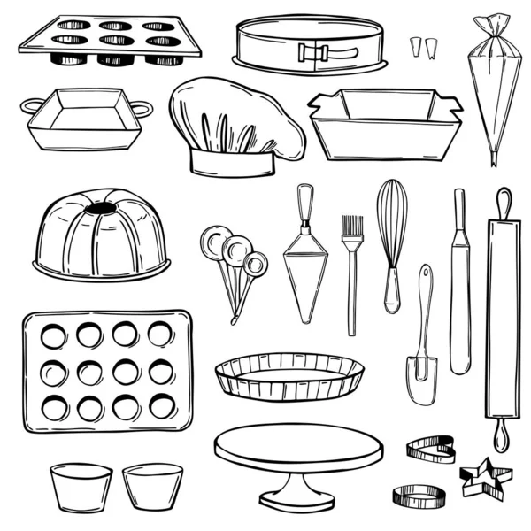 手工制作的烘焙器皿 烘烤工具和必需品 矢量草图说明 — 图库矢量图片