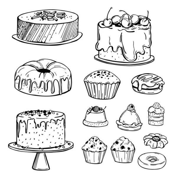 Handgezeichnete Backwaren Plätzchen Kuchen Muffins Vektorskizze Als Illustration — Stockvektor