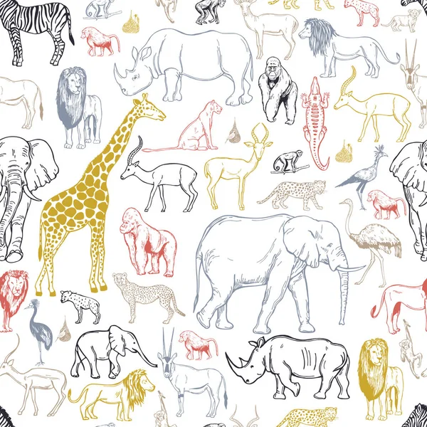 Hand drawn african animals and birds on white background. Vector seamless pattern.