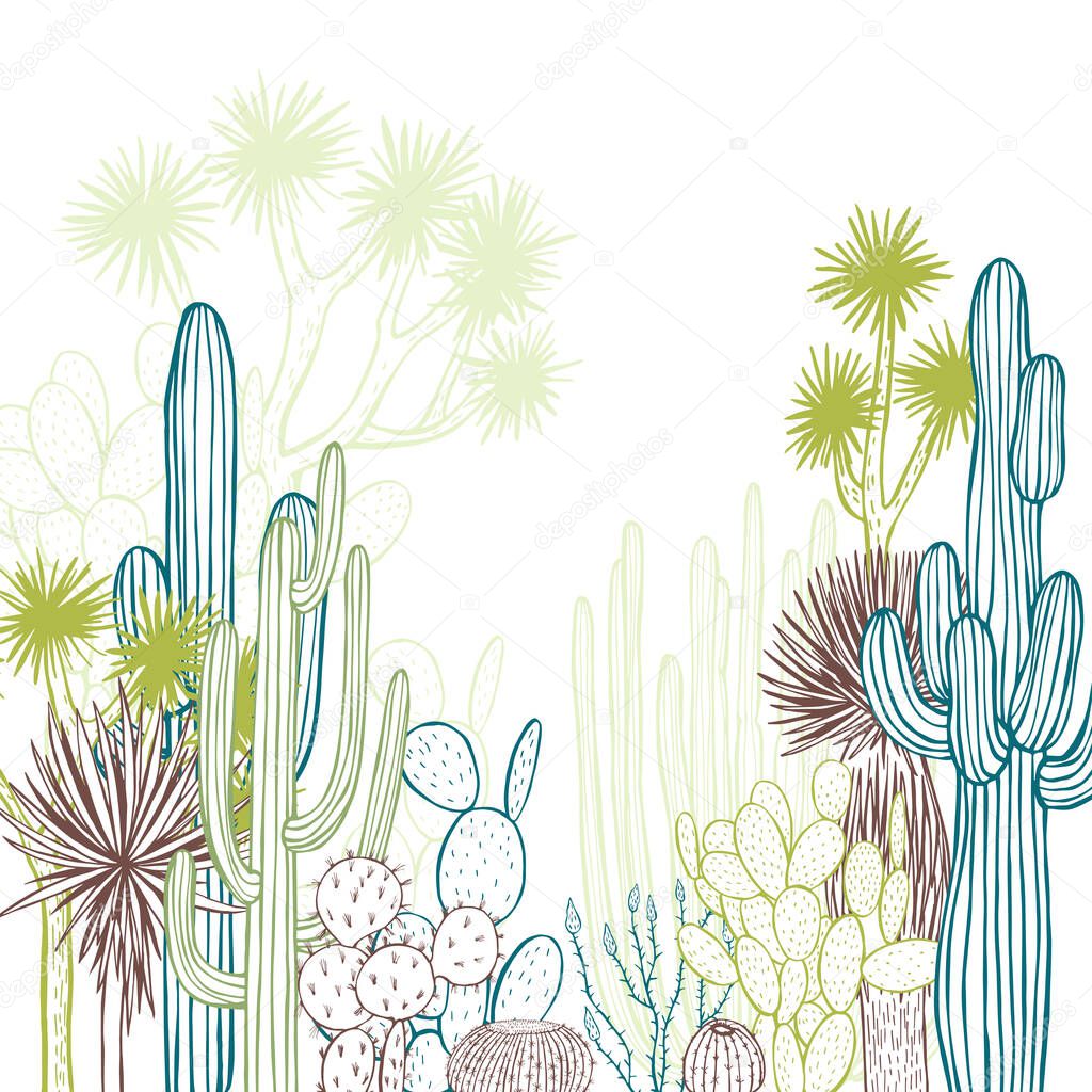 Desert plants, cacti. Vector background. Sketch  illustration.