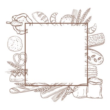 Elle çizilmiş ekmekle vektör çerçevesi. Çizim çizimi.