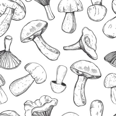 Beyaz arka planda elle çizilmiş mantarlar. Vektörsüz desen