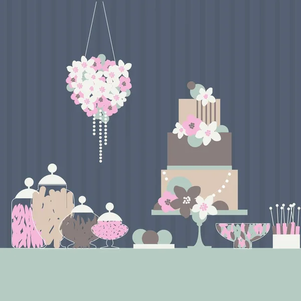 Γάμου Καραμέλα Μπαρ Κέικ Και Λουλούδια Επιδόρπιο Τραπέζι Εικονογράφηση Διανύσματος — Διανυσματικό Αρχείο