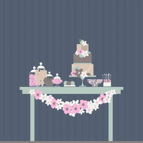 ケーキや花と結婚式のキャンディーバー デザートテーブル ベクターイラスト — ストックベクタ