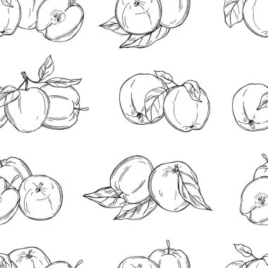 Elle çizilmiş elmalar. Beyaz arka planda meyveler. Vektörsüz desen. 