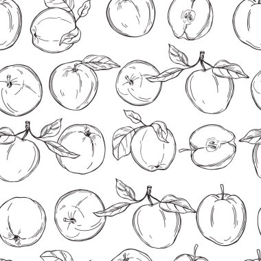 Elle çizilmiş elmalar. Beyaz arka planda meyveler. Vektörsüz desen. 