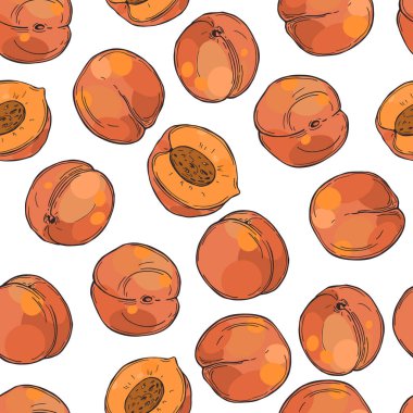 Beyaz arka planda elle çizilmiş şeftaliler. Vektörsüz desen. 