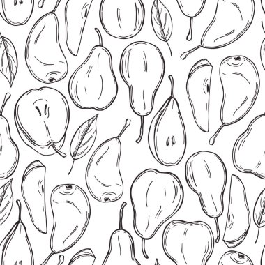 Beyaz arka planda elle çizilmiş armutlar. Vektörsüz desen. 