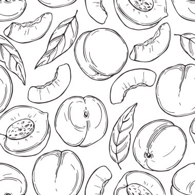 Beyaz arka planda elle çizilmiş şeftaliler. Vektörsüz desen. 