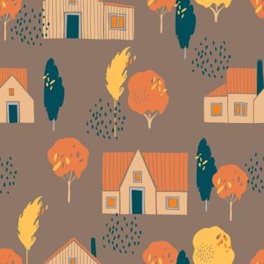 Ağaçlar ve ev ile el çizimi sonbahar vektör deseni.