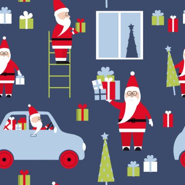 Mavi arka planda Noel Baba ile kusursuz bir Noel deseni.