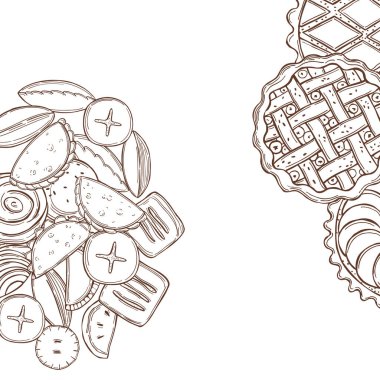 El yapımı ev yapımı turtalar. Çizim çizimi. Vektör arkaplanı.