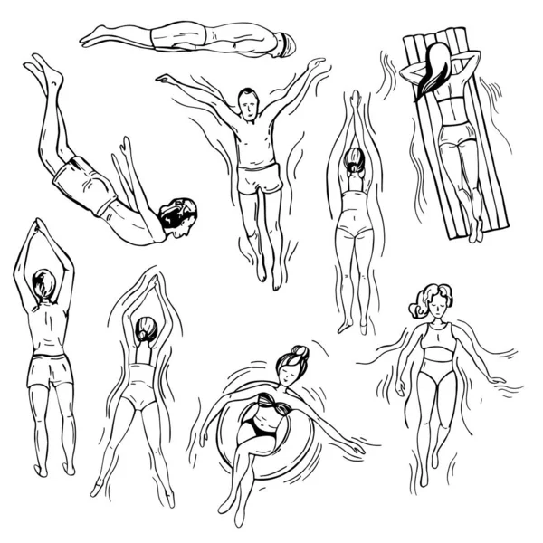 Handgetekende Zwemmers Mensen Het Zwembad Vector Schets Illustratie — Stockvector