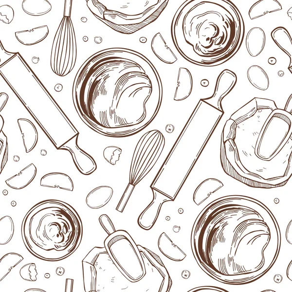 白い背景にパイを焼くための手描きの台所用品 ベクトルシームレスパターン — ストックベクタ