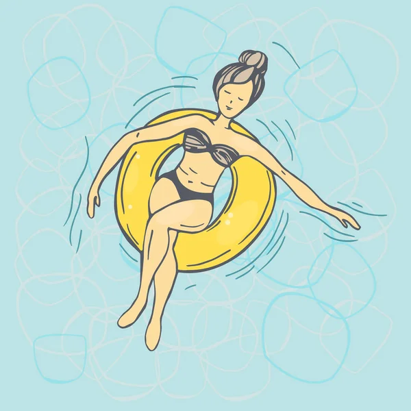 Mulher Desenhada Mão Nadar Círculo Inflável Piscina Desenho Vetorial Ilustração — Vetor de Stock