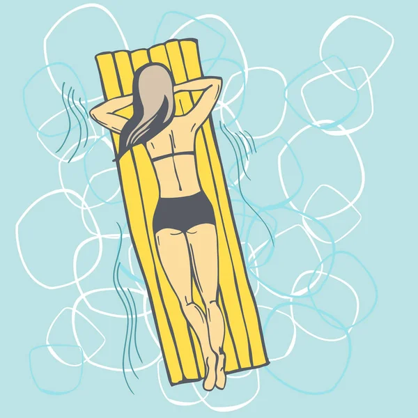 Mulher Desenhada Mão Nadar Colchão Amarelo Piscina Desenho Vetorial Ilustração — Vetor de Stock