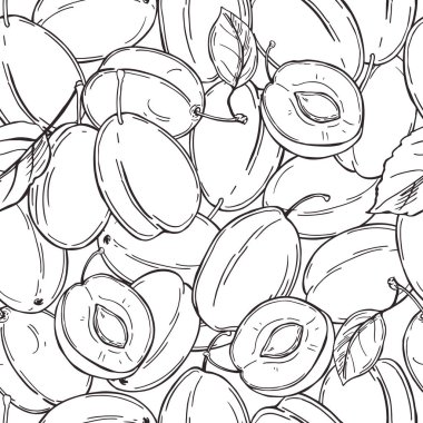 El yapımı erikler. Beyaz arka planda meyveler. Vektörsüz desen. 