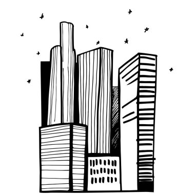 Elle çizilmiş gökdelenler. Şehir manzarası arka planı. Vektör çizimi çizimi.