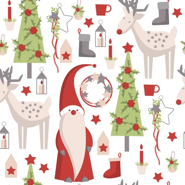 Різдвяний Безшовний Вектор Санта Клаусом Оленем Білому Тлі — стоковий вектор
