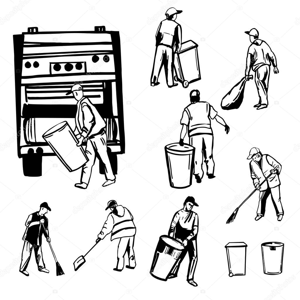 Hand drawn city street cleaners, sanitation workers. Vector sketch illustration.