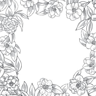 El çizimi kamelya çiçekleri. Vektör arkaplanı. Çizim çizimi.