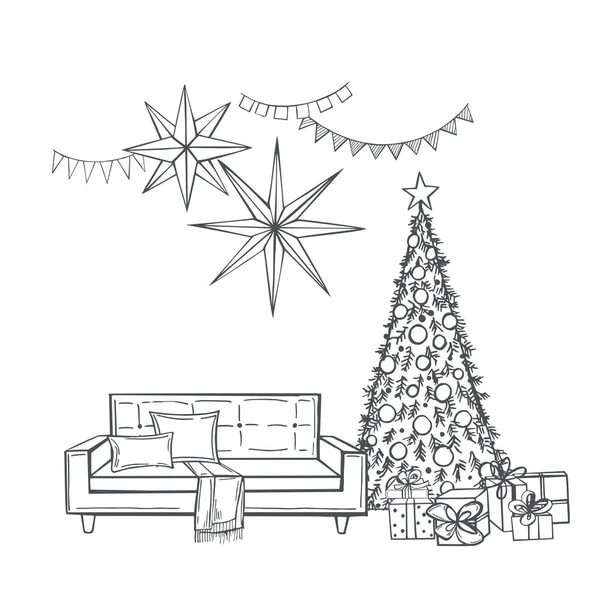 Hand Drawn Christmas Living Room Vector Sketch Illustration — Stock Vector