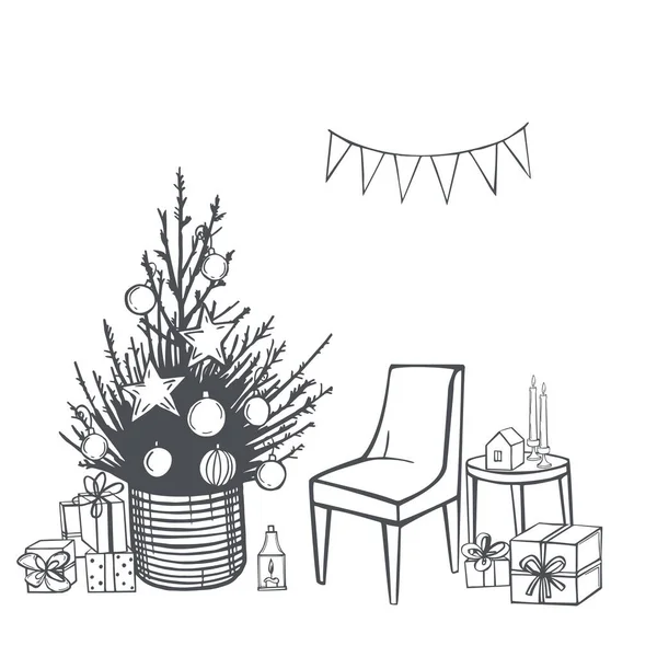 Handgezeichneter Weihnachtsbaum Mit Geschenken Und Sessel Vektorskizze Als Illustration — Stockvektor