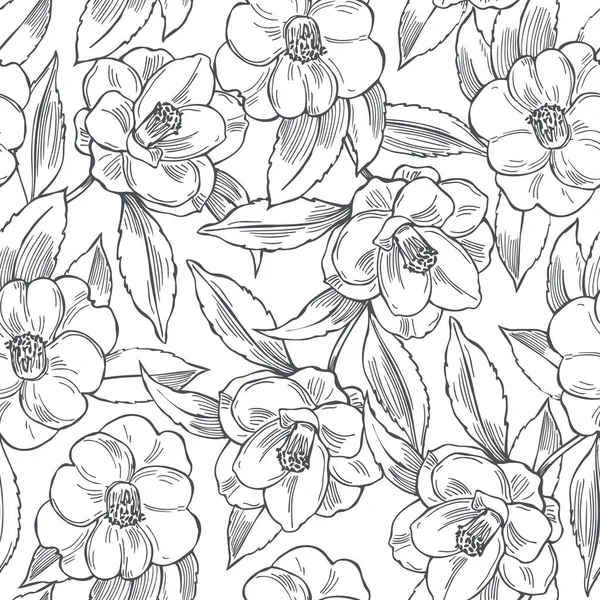 Met Hand Getekende Camellia Bloemen Witte Achtergrond Vector Naadloos Patroon — Stockvector