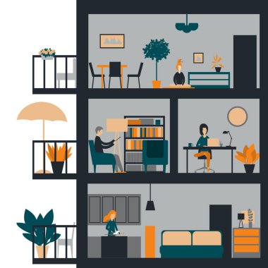 Kendini izole etme, apartmandaki insanlar. Apartman binası kesik. Vektör illüstrasyonu
