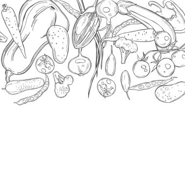 Elle çizilmiş sebzeli vektör arkaplan. Çizim çizimi.  