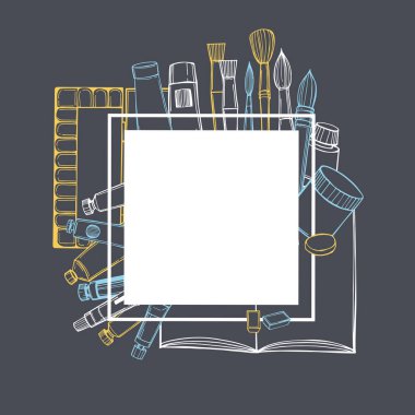 Elle çizilmiş sanat aletleri ve malzemeleri olan bir vektör çerçevesi. Sanatsal boya fırçaları ve boyalar. Çizim çizimi.